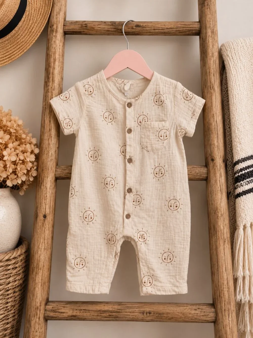 Quincy Mae Sun Print Organic Muslin Romper 3-6M Cream Baby One Piece